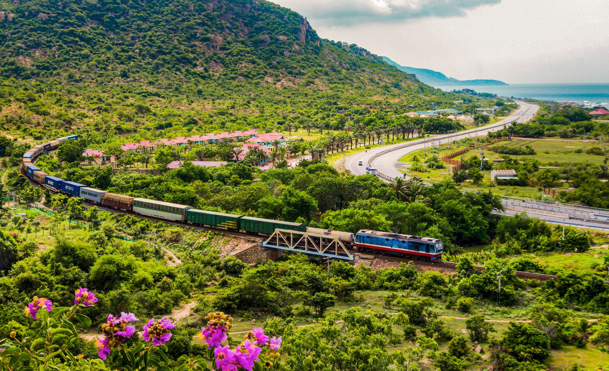 A train travels through a lush environment near the coast.