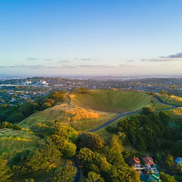 Aerial of the Mount Eden volcano in Auckland, Newzealand.
