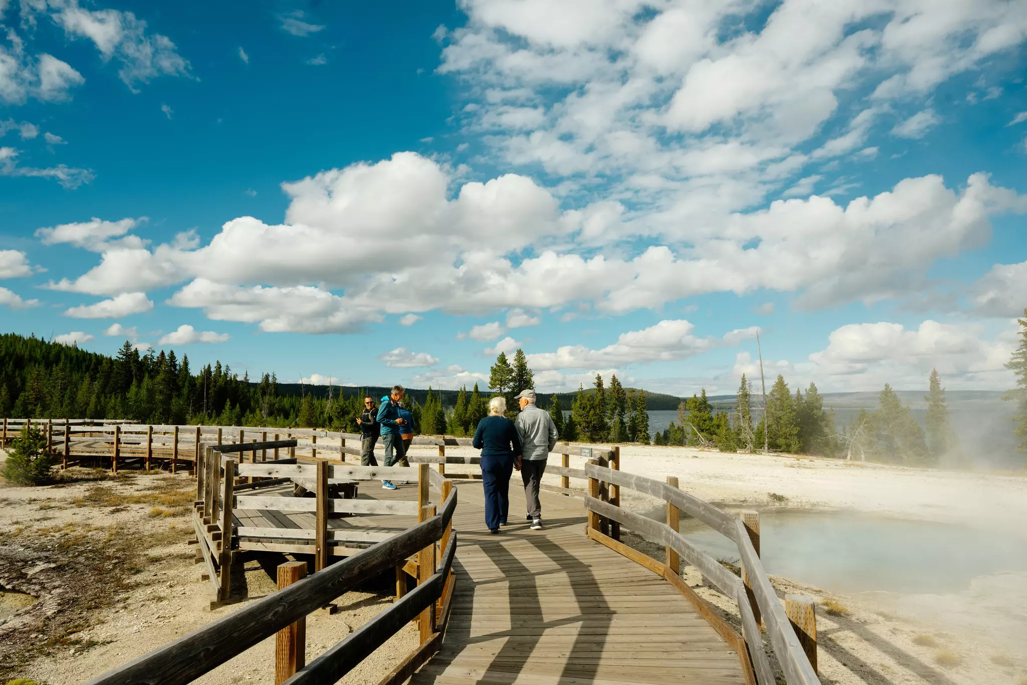A wooden walkway past the West Thumb Geyser Basin in Yellowstone National Park, Wyoming
