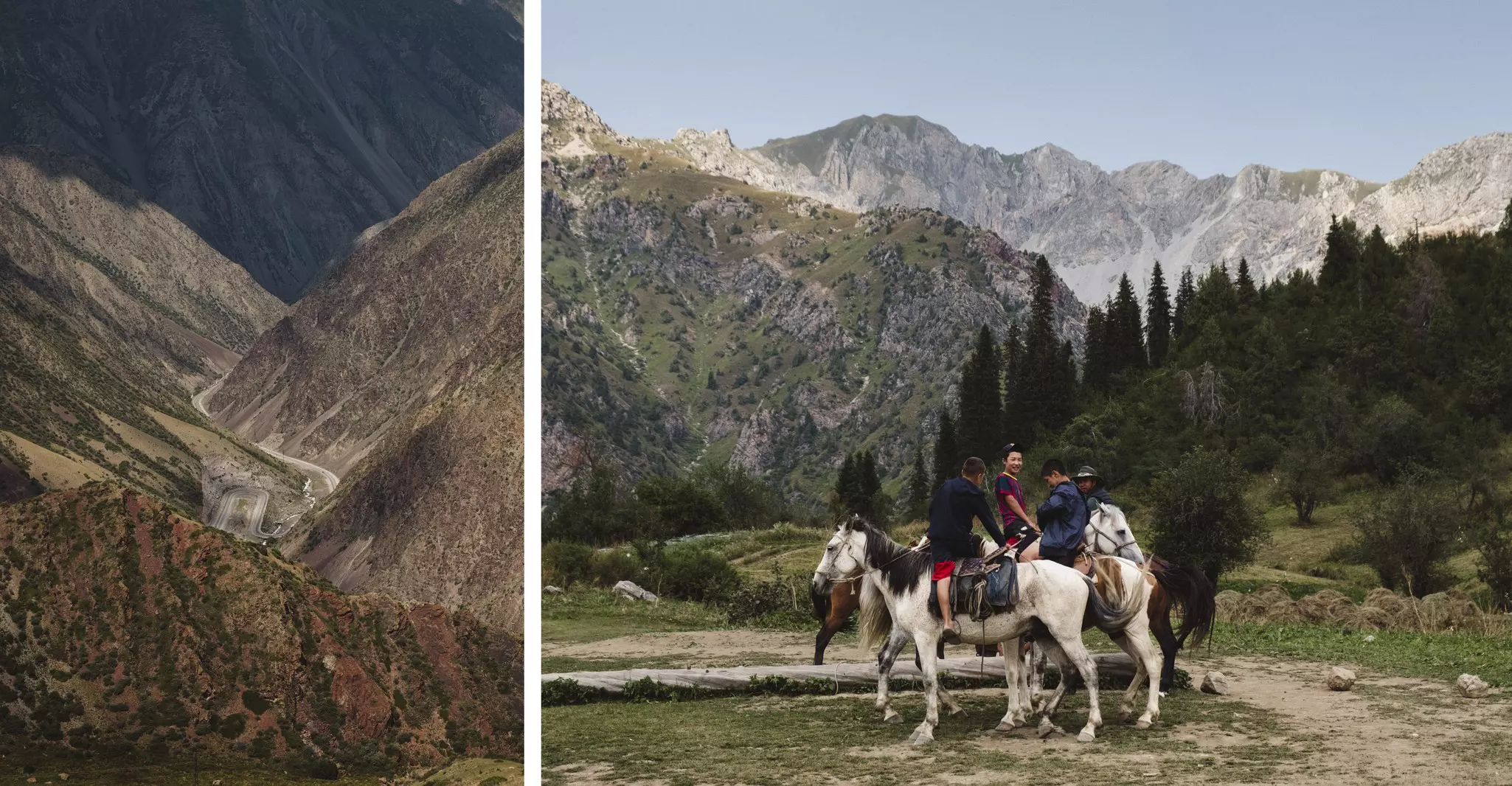 Left, a road going through a mountainous valley. Right, four boys on horses in a woodland setting