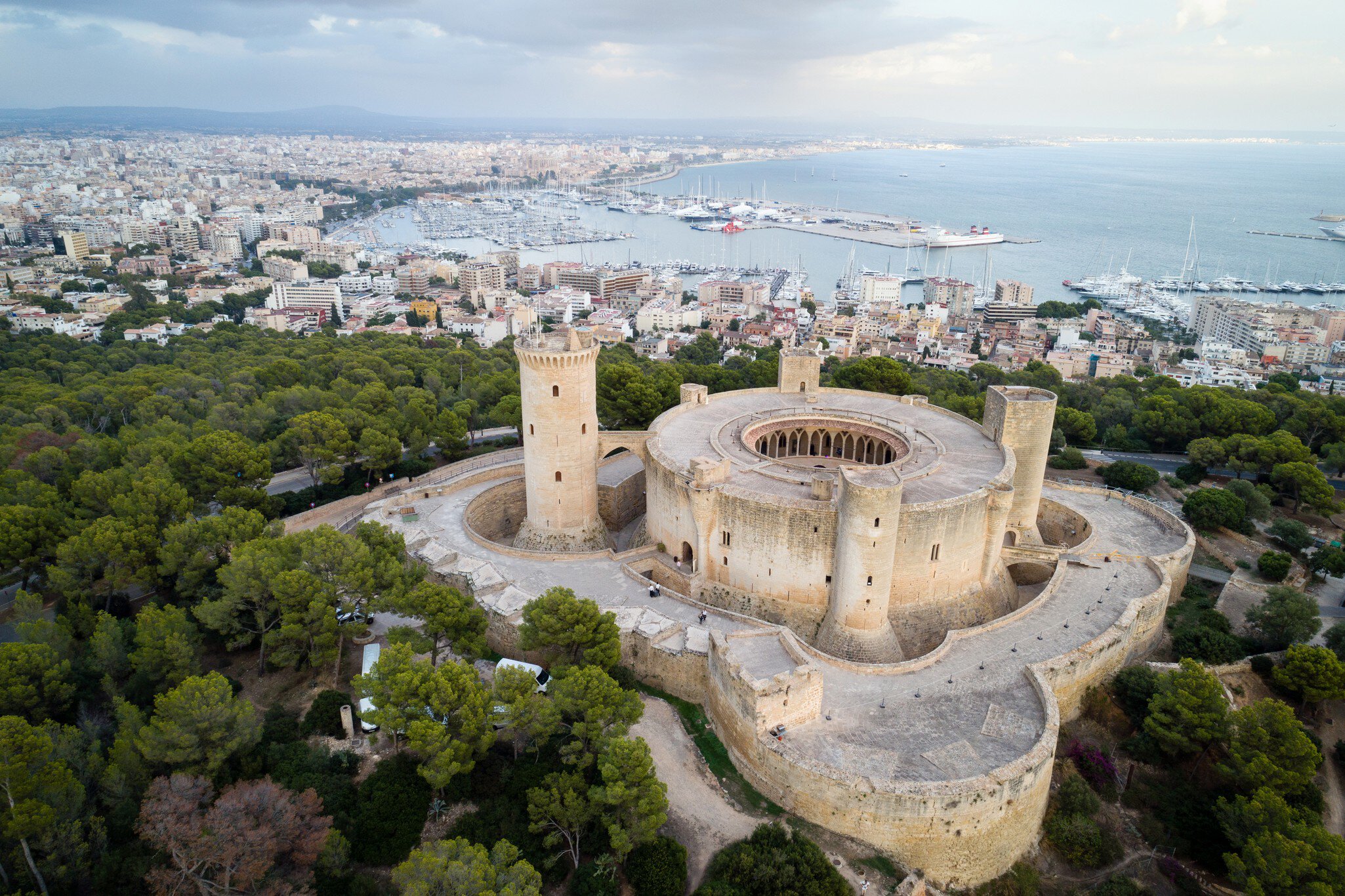 Aerial view of Castell de Bellver in Palma de Mallorca, Spain.