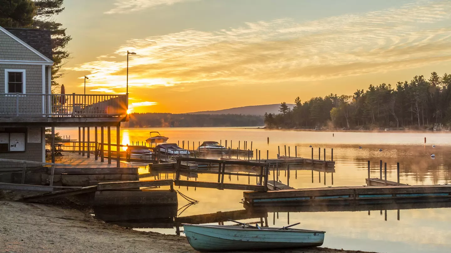 Boats on the shore at sunset at Lake Sunapee, New Hampshire