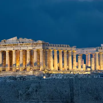 Parthenon at night on Acropolis at Athens Greece