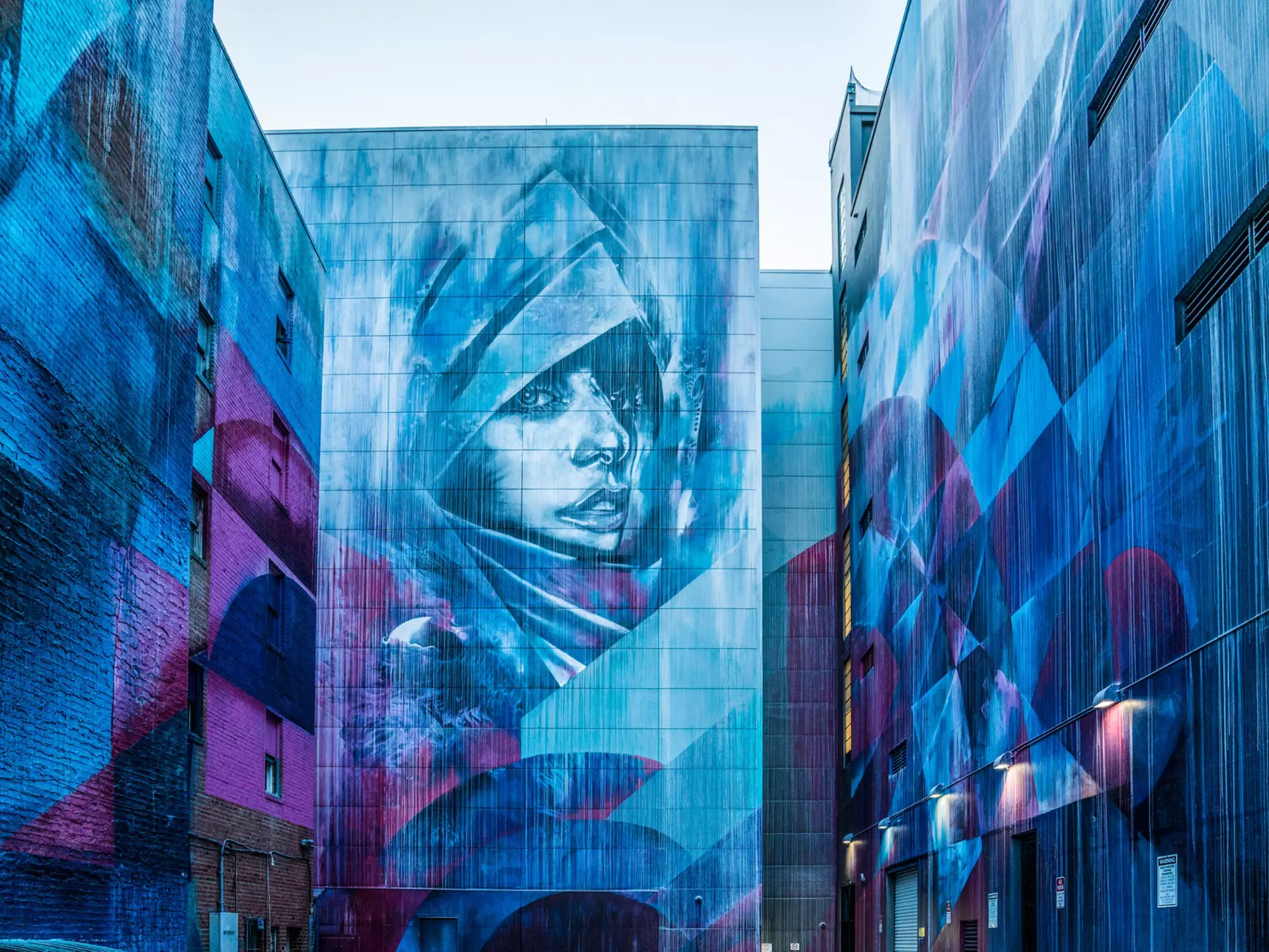 Wide Open Walls mural of a person's face in blue and purple, Sacramento, California
