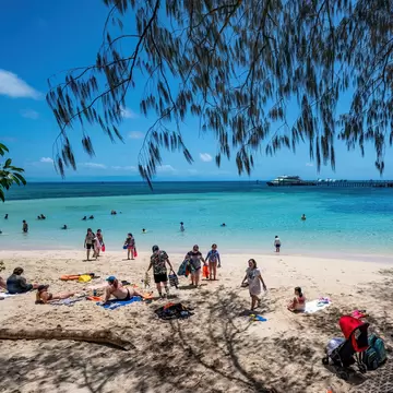 Green Island, Queensland, Australia. Popular swimming and snorkelling beach on Green Island, a tiny coral cay, and one of the most popular marine day trips from Cairns.