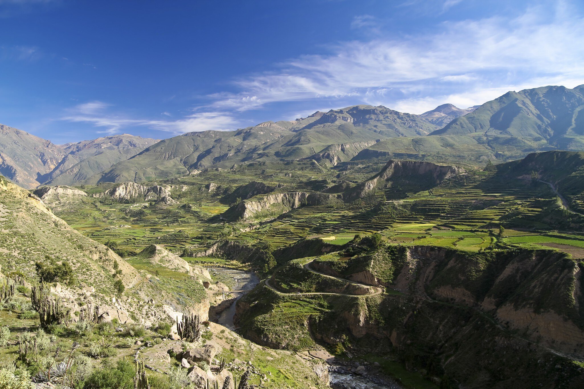 Terraced pastures and mountains in Colca Canyon.