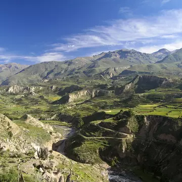 Terraced pastures and mountains in Colca Canyon.