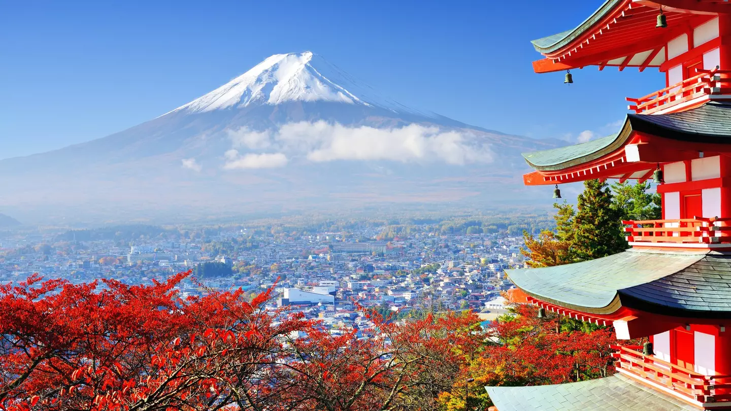 Mt. Fuji with fall colors in Japan.