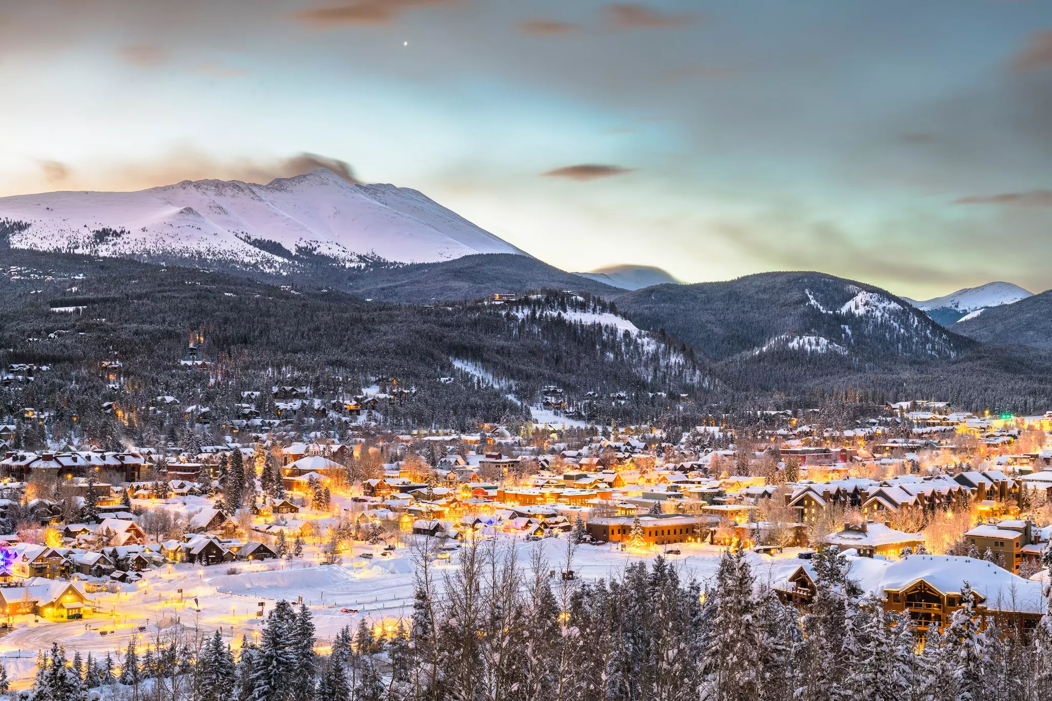 Breckenridge, Colorado, USA town skyline in winter at dawn.