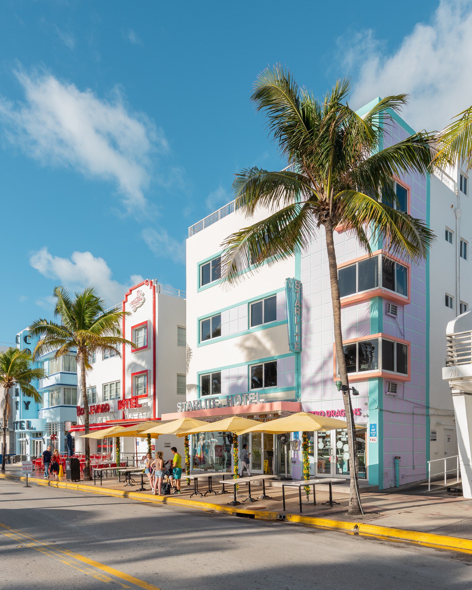 Miami Beach, Ocean Drive FL, USA - March 2, 2020: One of the most famous streets on east coast of USA. Morning vibes at Ocean Drive. Beautiful Art Deco Historic District.  License Type: media  Download Time: 2021-04-01T03:04:58.000Z  User: claramonitto  Is Editorial: Yes  purchase_order:   