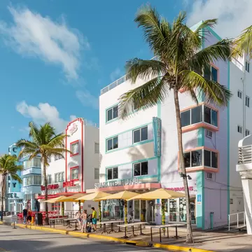 Miami Beach, Ocean Drive FL, USA - March 2, 2020: One of the most famous streets on east coast of USA. Morning vibes at Ocean Drive. Beautiful Art Deco Historic District.  License Type: media  Download Time: 2021-04-01T03:04:58.000Z  User: claramonitto  Is Editorial: Yes  purchase_order:   