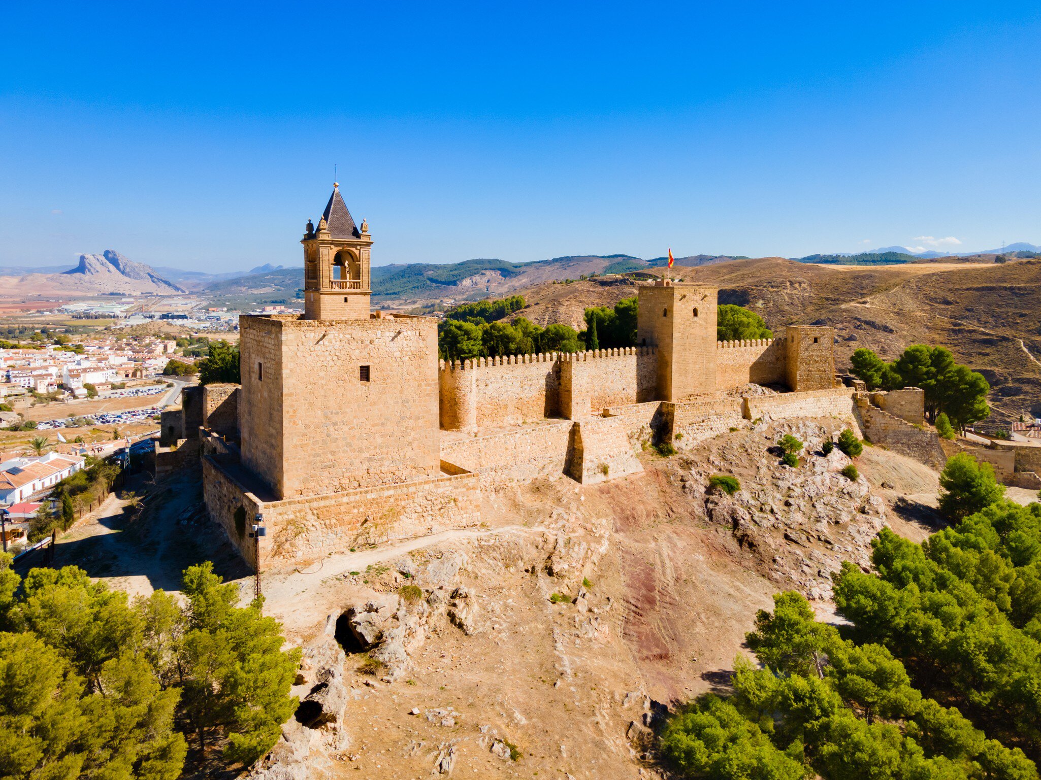 Alcazaba of Antequera aerial panoramic view. The Alcazaba of Antequera is a Moorish fortress in Antequera city in the province of Malaga, the community of Andalusia in Spain.