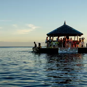 Group of people sitting on a thatched-roof platform bar on calm sea at dusk, one person wading beside it.