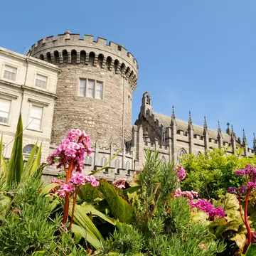 Dublin Castle from Dubh Linn gardens on a sunny spring day in Dublin, Ireland. Pink flowers blooming in foreground.