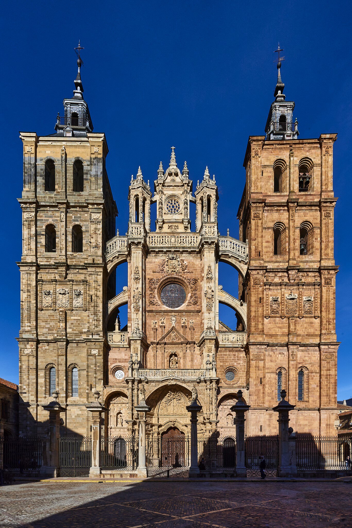 Facade of the Catedral de Santa María de Astorga on a sunny day in Astorga, Spain.