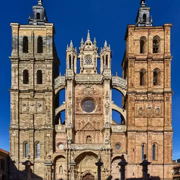 Facade of the Catedral de Santa María de Astorga on a sunny day in Astorga, Spain.