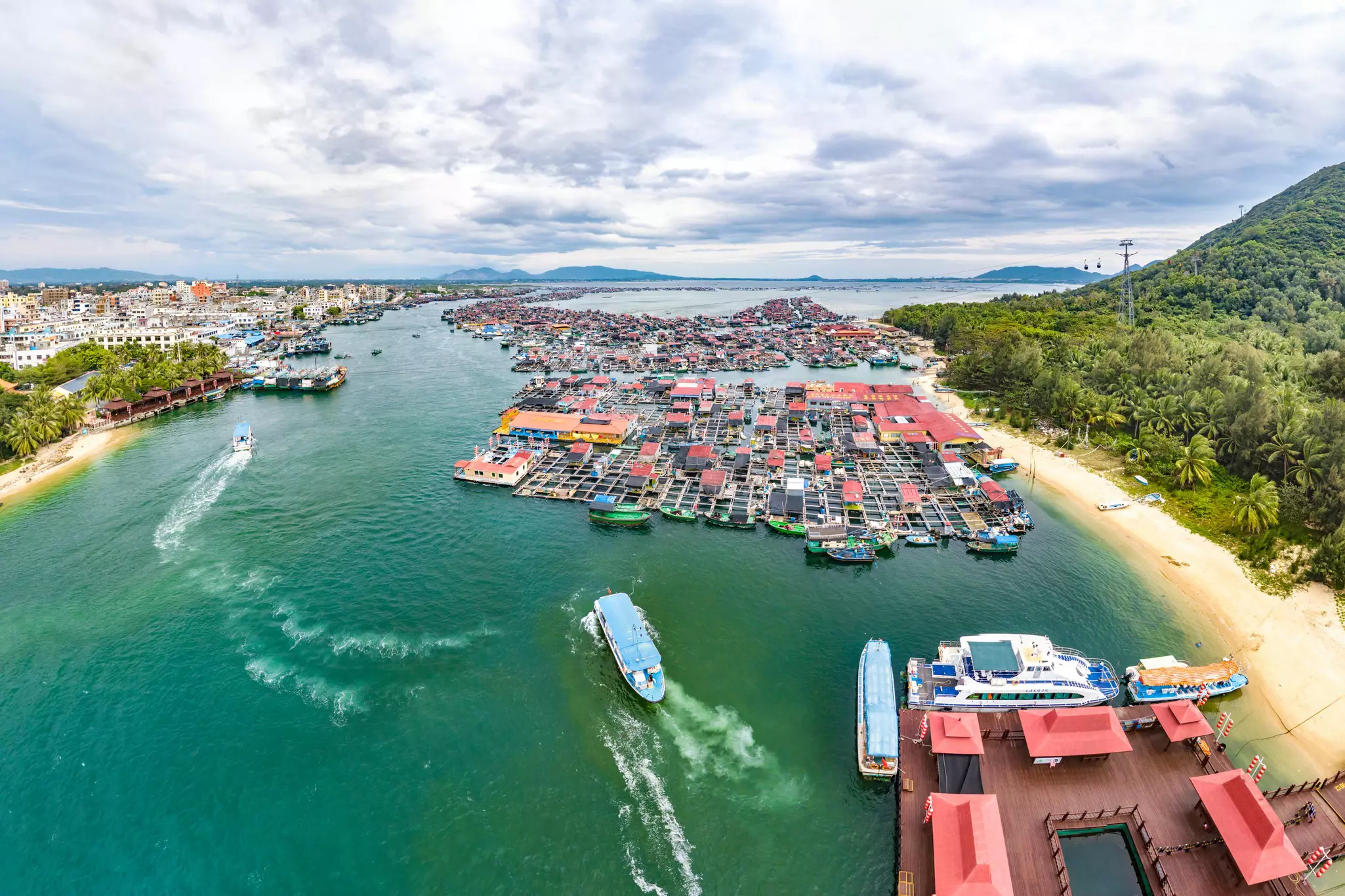 An aerial view over the floating village at Xincun Port, Hainan, China.