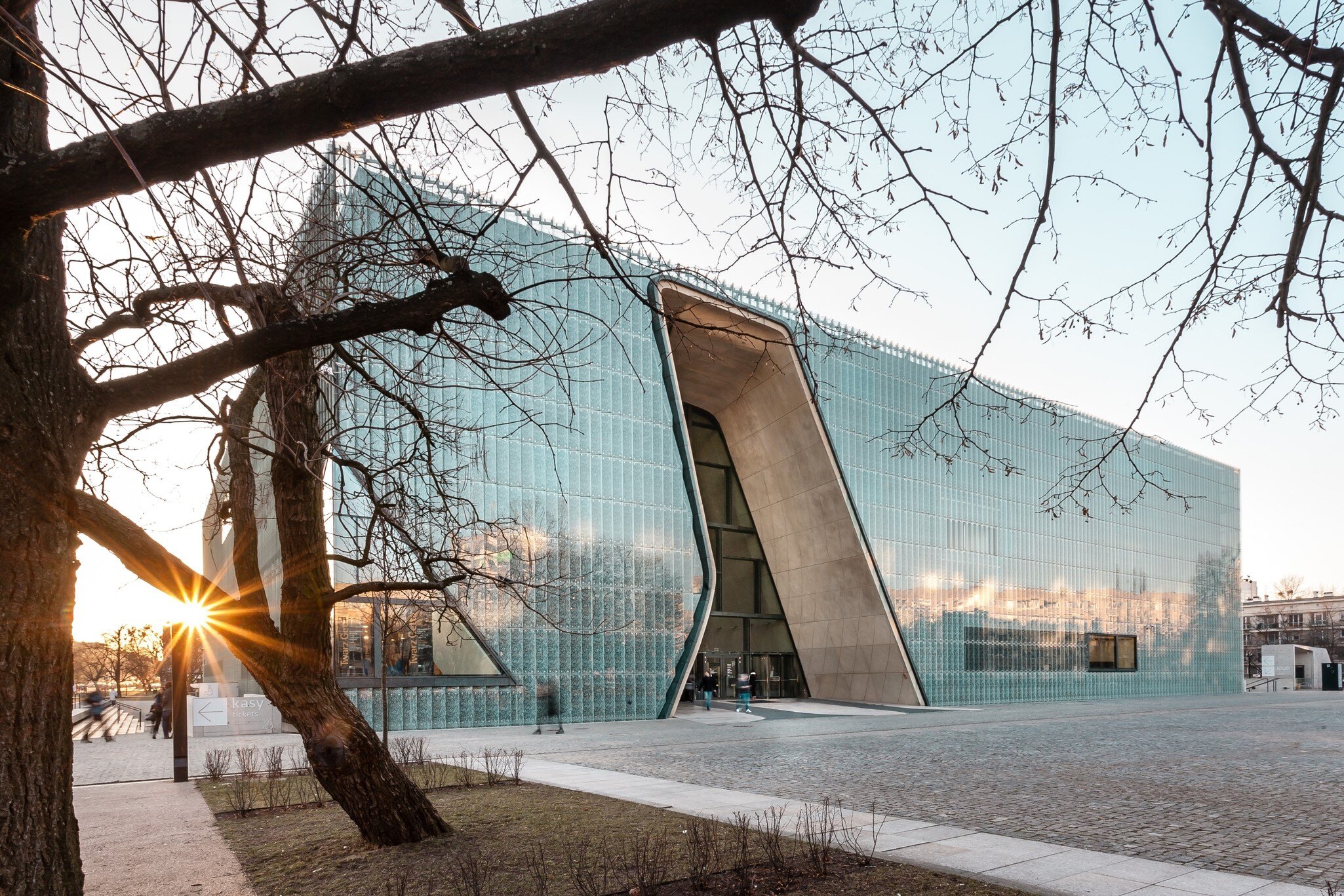 Sunset light through bare branches beside a glass museum with a curved entrance cut.