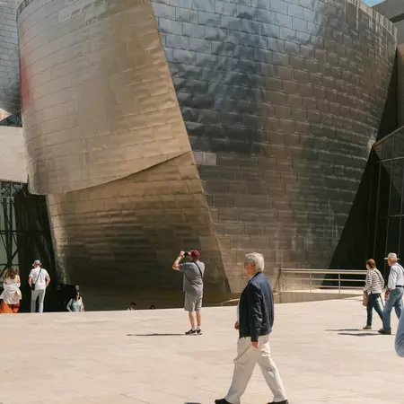 The silver-mirrored exterior of the Guggenheim museum in Bilbao. 