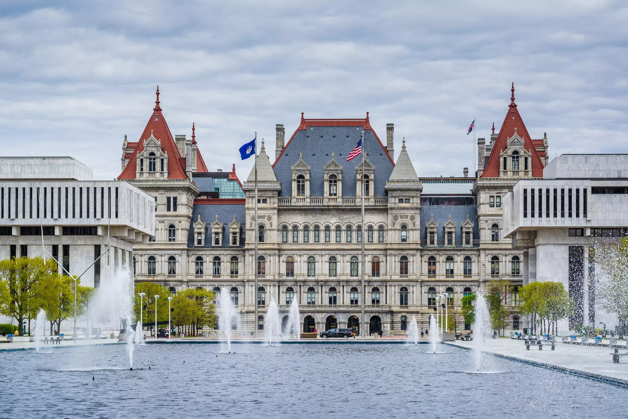 Fountains and the exterior of the New York State Capitol, in Albany, New York.