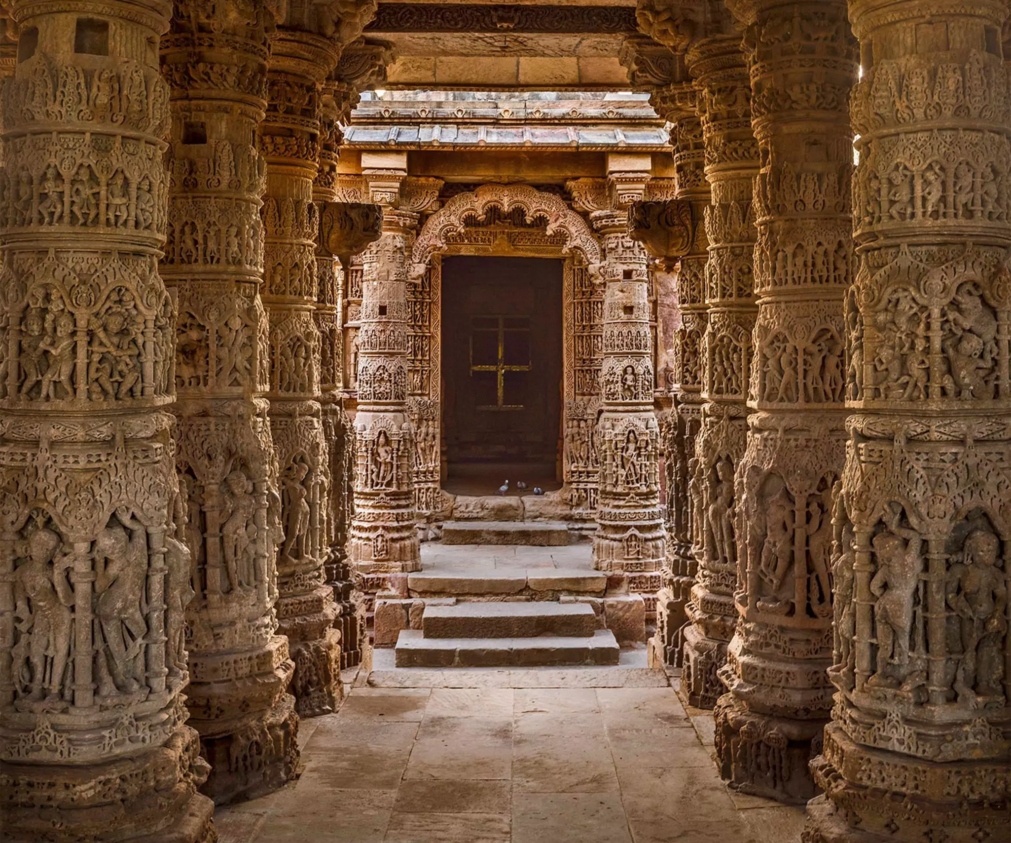 Richly carved columns in the Sun Temple in Modhera, Gujarat, India.