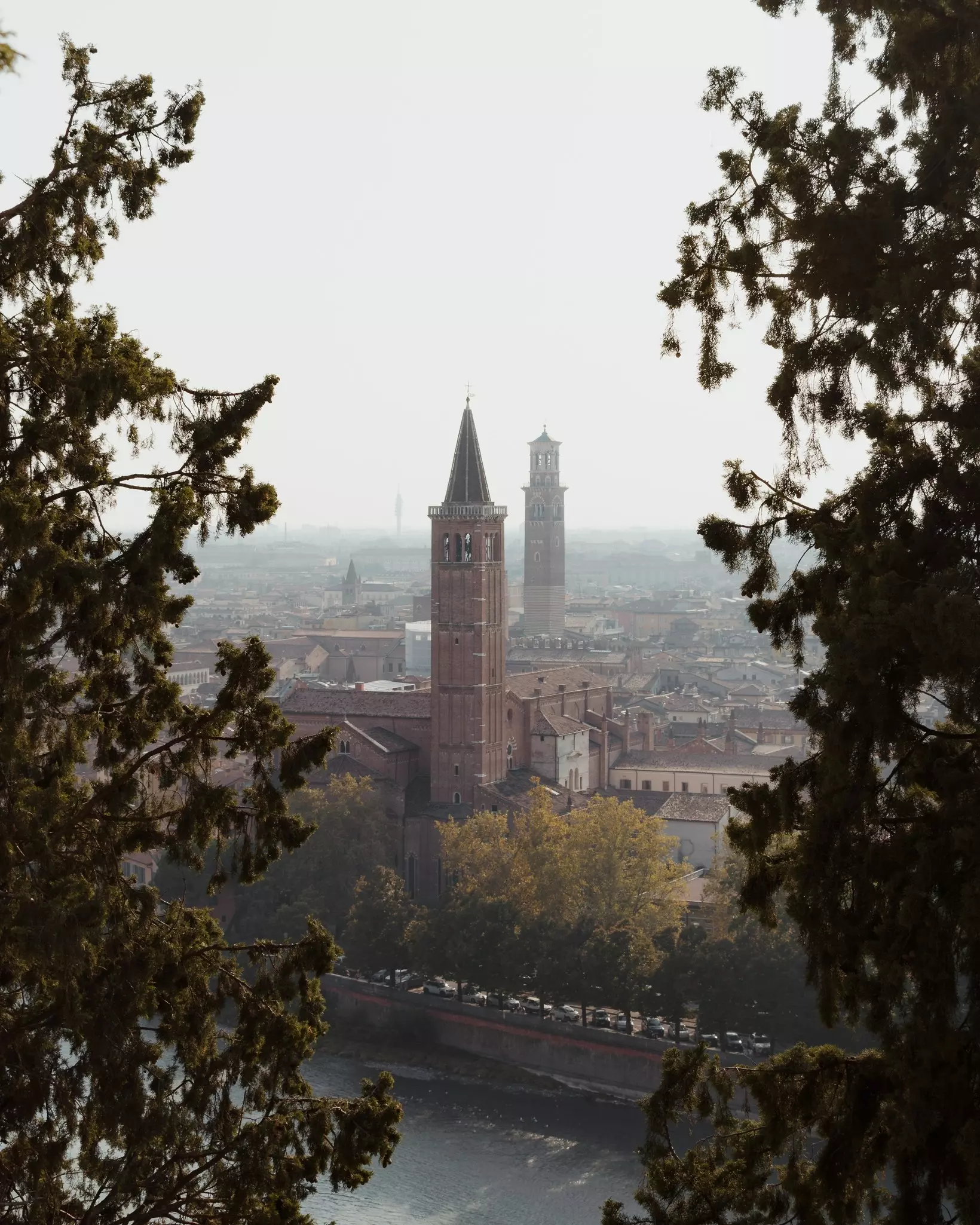 The city of Verona from the Adige river, Italy, with towers rising above the skyline.