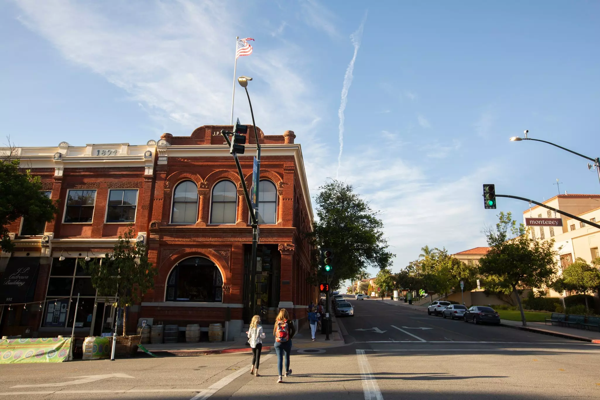 Afternoon light shines on the historic buildings of the downtown in San Luis Obispo, California.