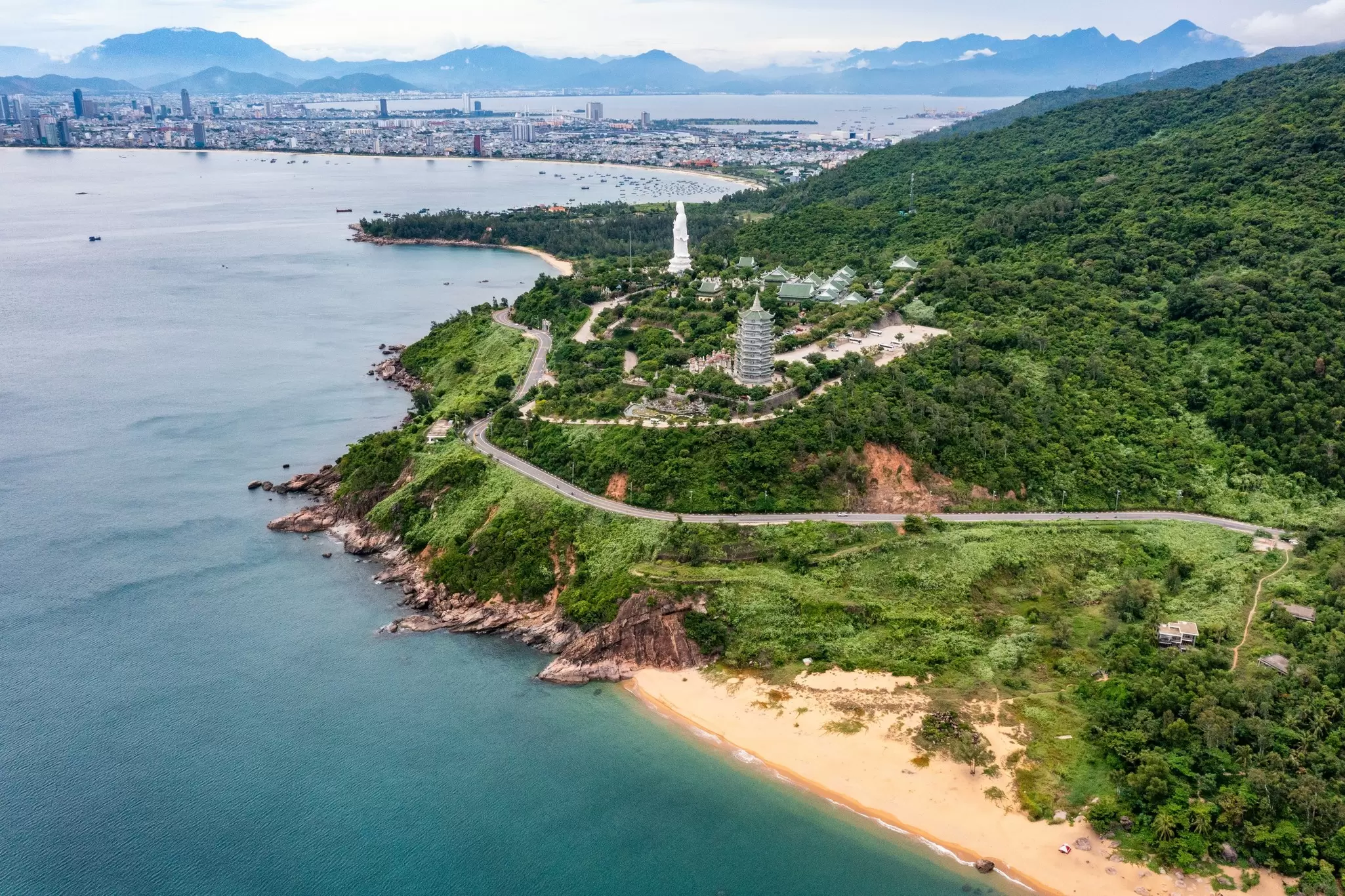 Aerial view of Ling Ung pagoda, Son Tra peninsula, Da Nang, Vietnam.