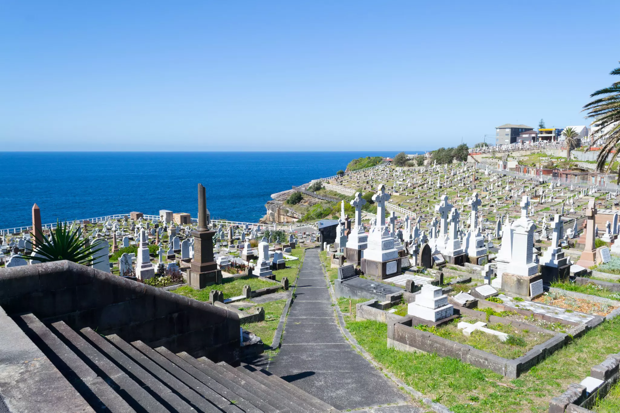 A hillside beside the ocean covered in varied grave markers at Waverley Cemetery, Sydney