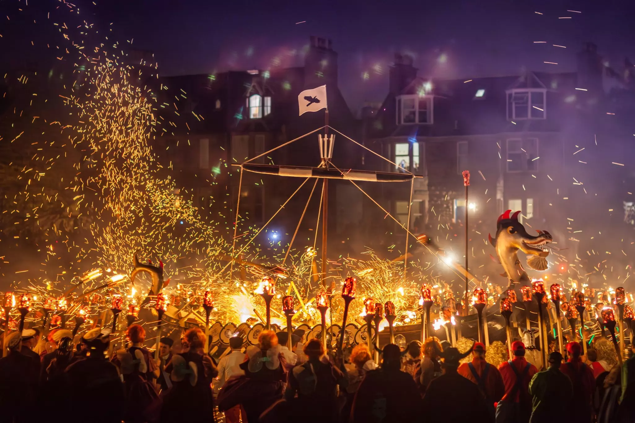 Traditional burning of a replica Viking ship during the Up Helly Aa festival in Lerwick, Shetland, Scotland.