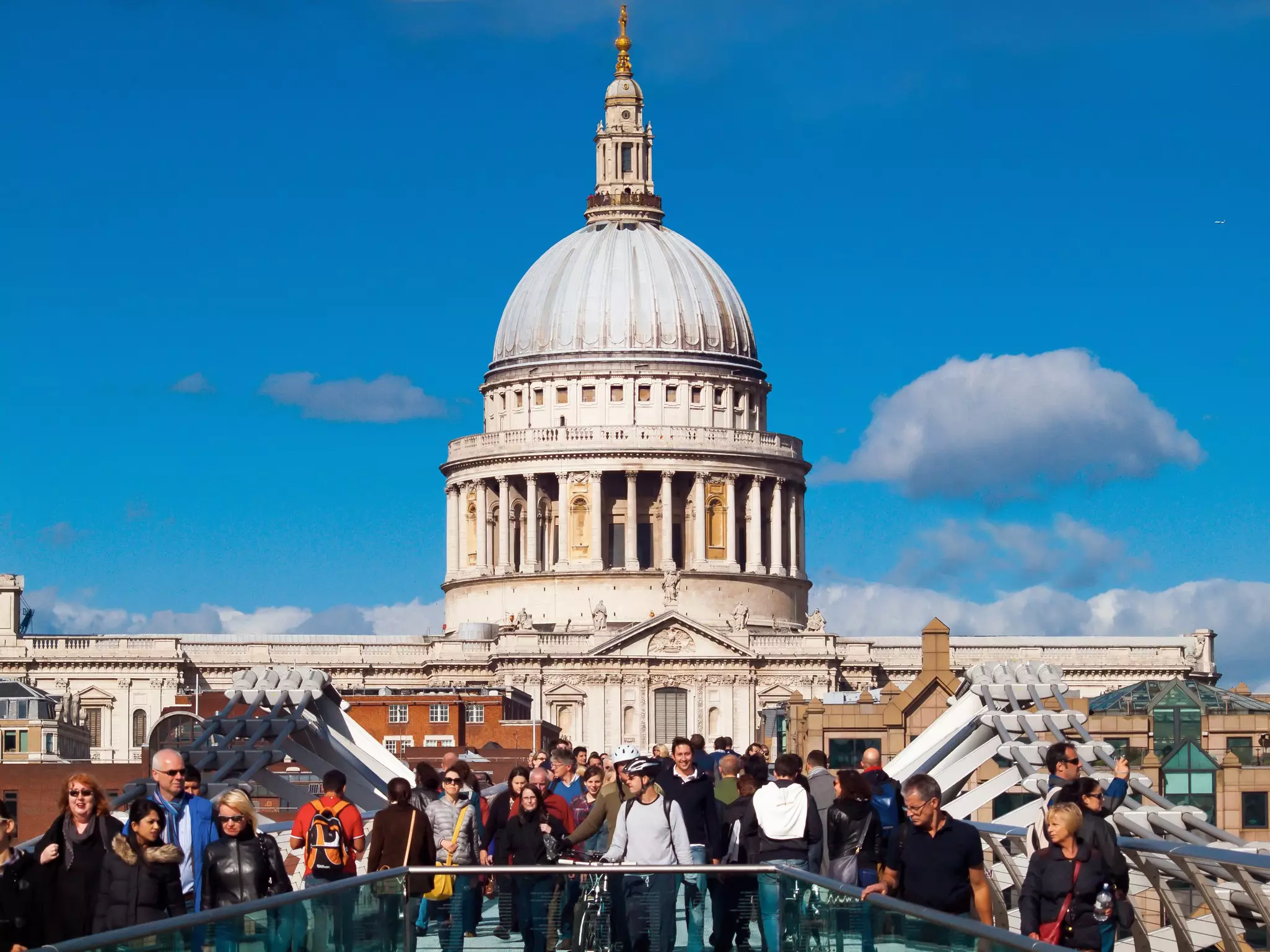 A view of the Millenium Bridge and St Paul's Cathedral in London, England.