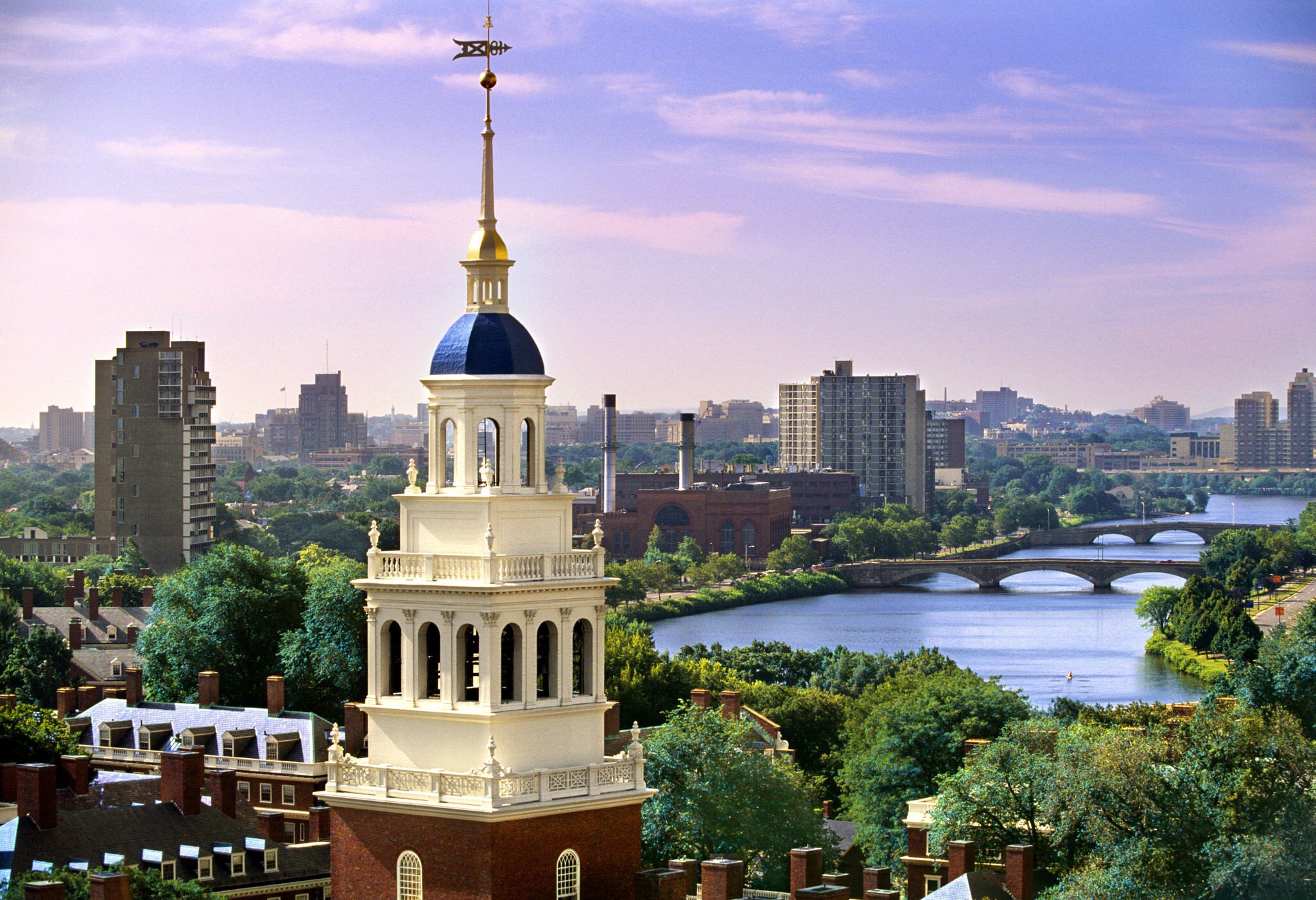 Elevated view of Lowell House at Harvard University with the Charles River, Cambridge, Massachusetts