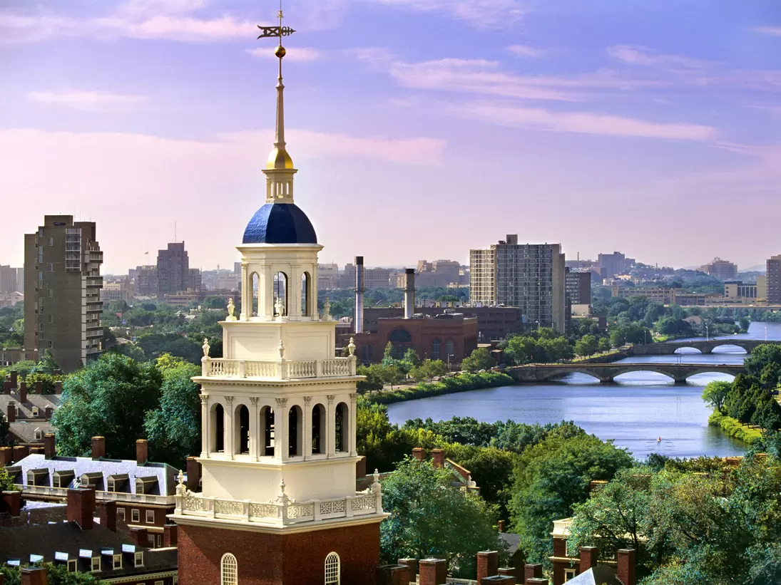 Elevated view of Lowell House at Harvard University with the Charles River, Cambridge, Massachusetts