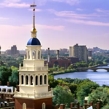 Elevated view of Lowell House at Harvard University with the Charles River, Cambridge, Massachusetts