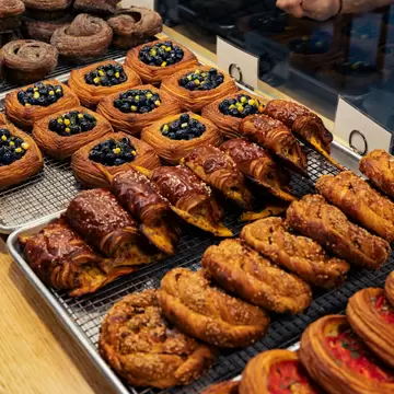 Brooklyn, New York July 5th -- Radio Bakery in Greenpoint, 135 India St, Brooklyn, NY 11222, info@radiobakery.nyc, Nina Subhas ninas@radiobakery.nyc, rows of pastries in display case