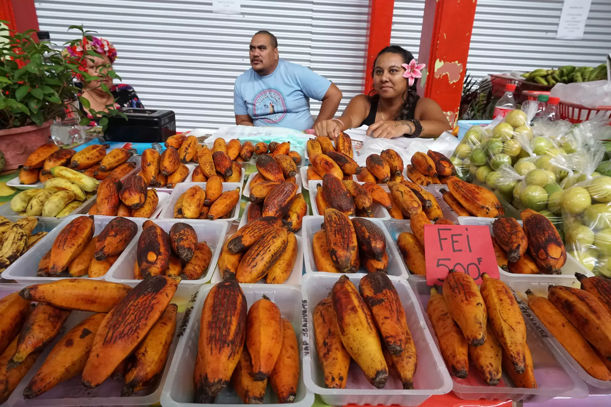 Fe'i bananas on sale in the market in Pape'ete, Tahiti. 