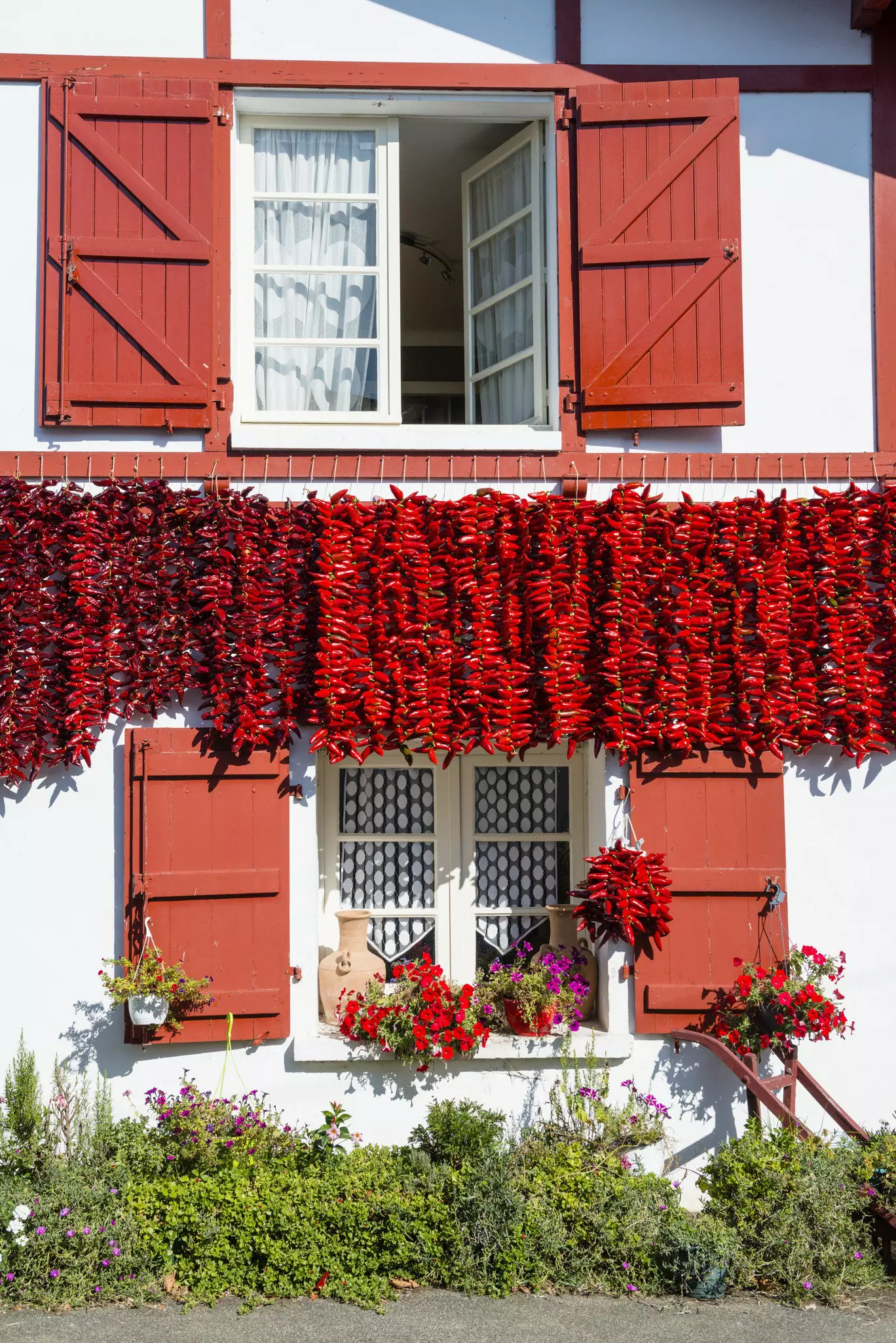 Strings of red chillies hanging in front of house with red shutters.