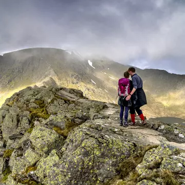Young hikers on Striding Edge and Helvellyn in the Lake District national park
