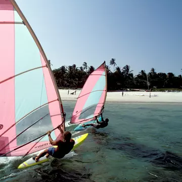 Two windsurfers just offshore from a lovely sandy beach.