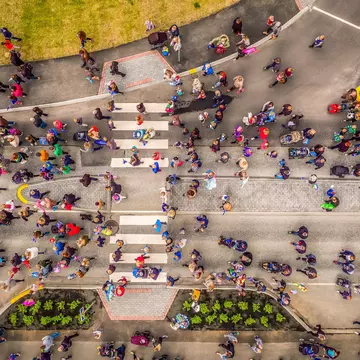 Aerial view, shot by drone: People celebrating Iceland's Independence day in a suburb of Reykjavik, Kopavogur, Iceland