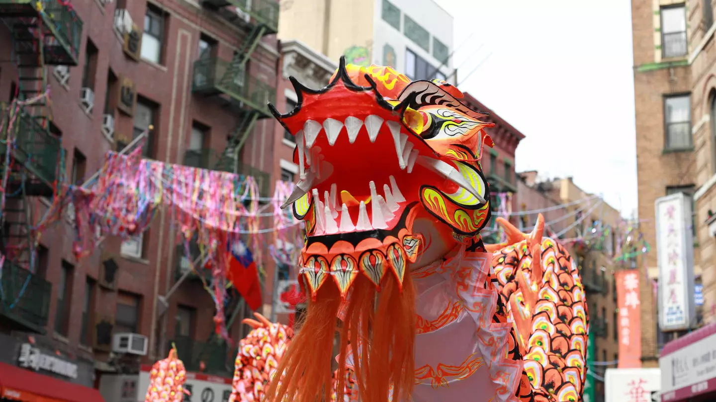 A roaring red dragon at the Chinese New Years parade in New York City