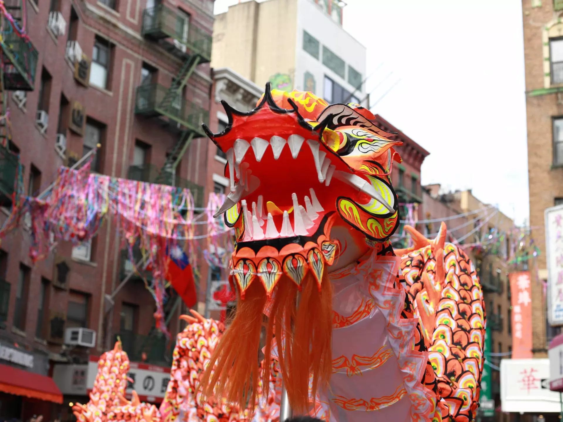 A roaring red dragon at the Chinese New Years parade in New York City