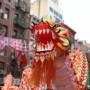 A roaring red dragon at the Chinese New Years parade in New York City