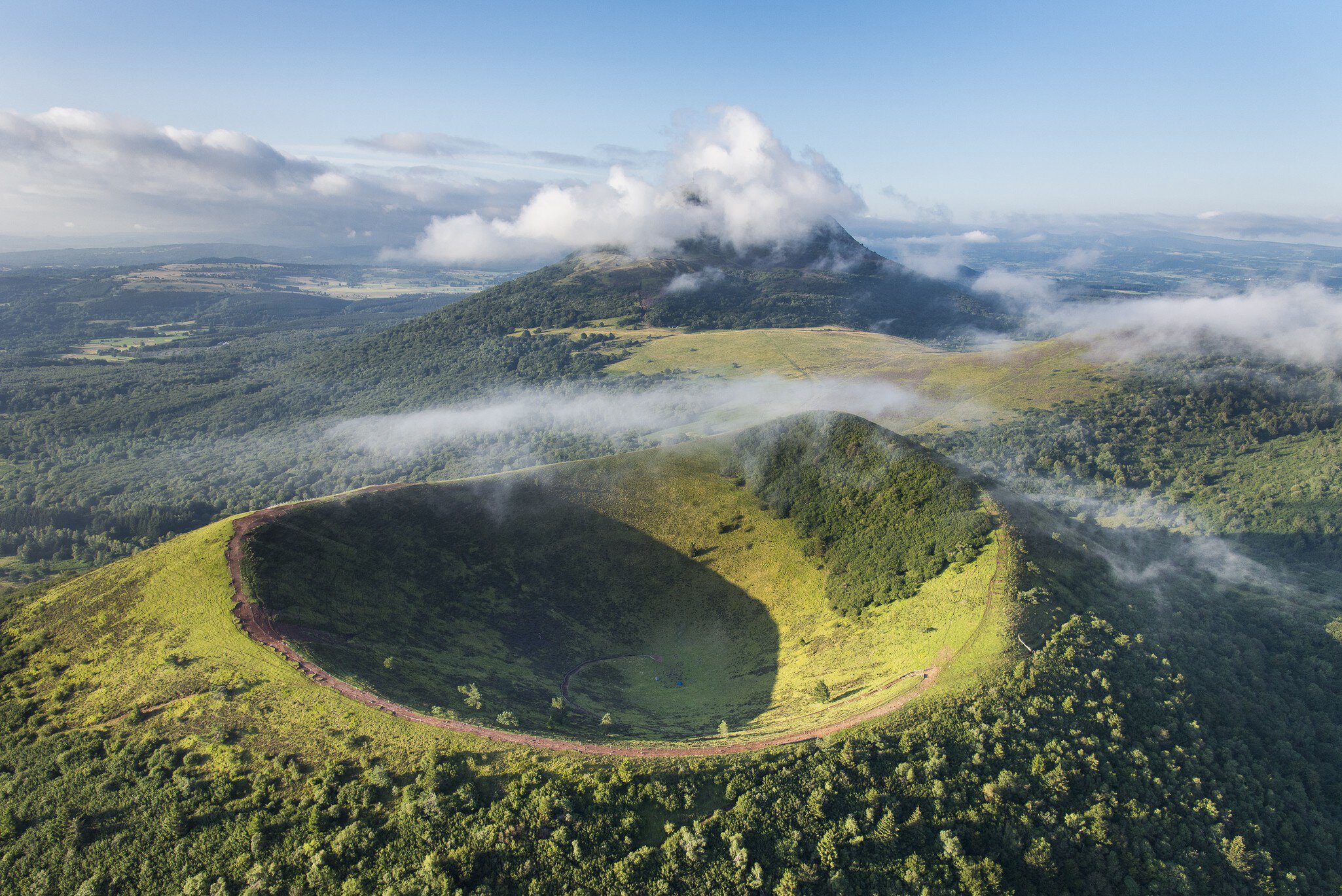 France, Puy de Dome, the Regional Natural Park of the Volcanoes of Auvergne, Chaine des Puys, Orcines, the crater of Puy Pariou volcano (aerial view)