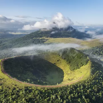France, Puy de Dome, the Regional Natural Park of the Volcanoes of Auvergne, Chaine des Puys, Orcines, the crater of Puy Pariou volcano (aerial view)