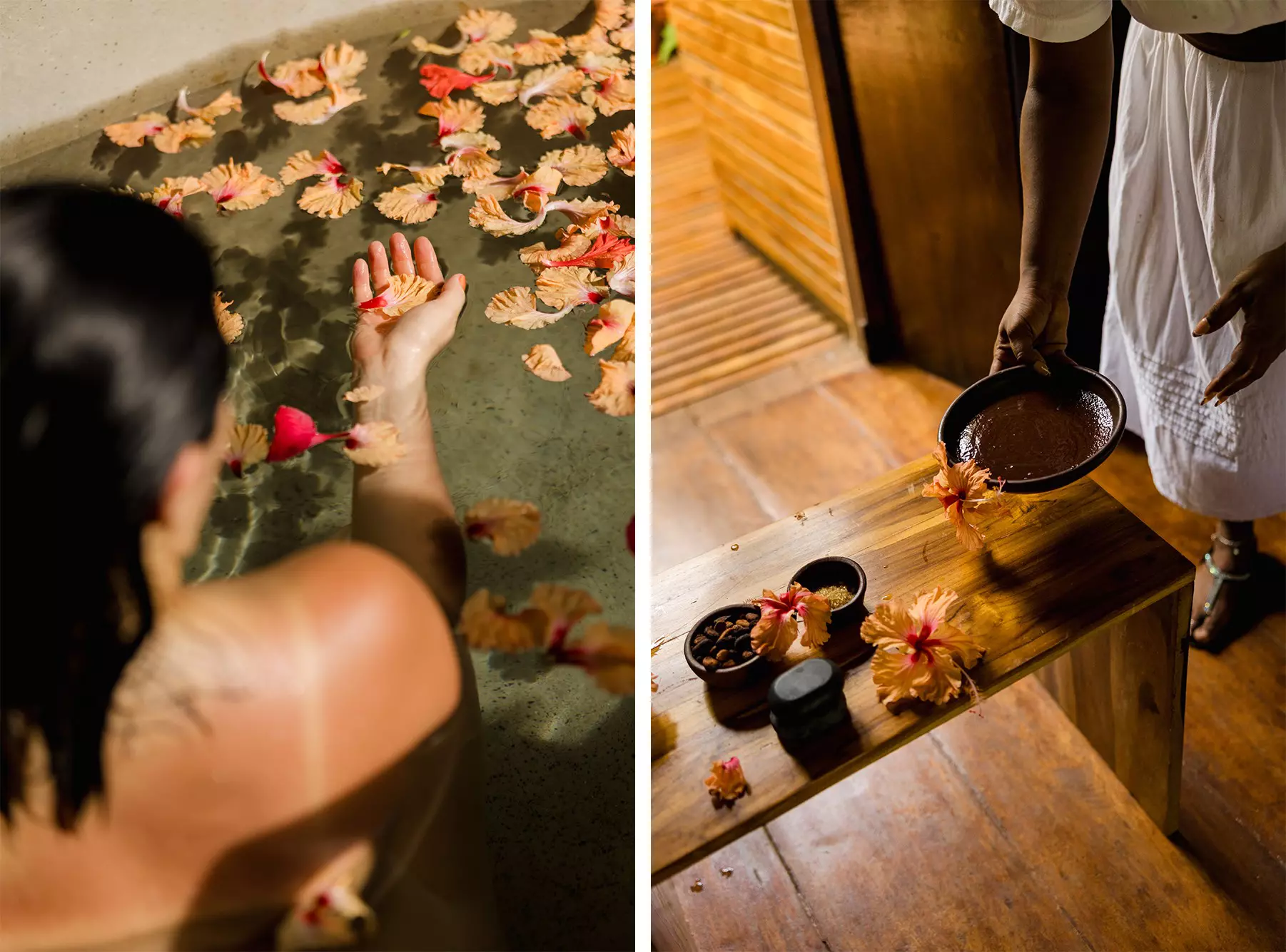 Left: a woman in a bath full of petals cups one in her hand; right: a woman picks up a small dish with a brown-colored paste in it.