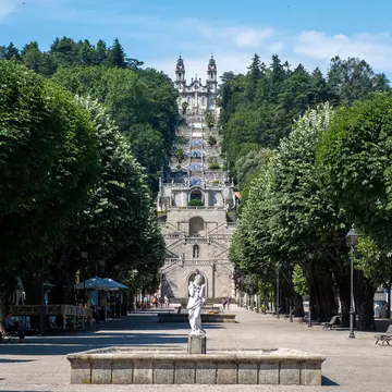 View of steps leading up to the Santuário Nossa Senhora dos Remédios in Lamego, Portugal.