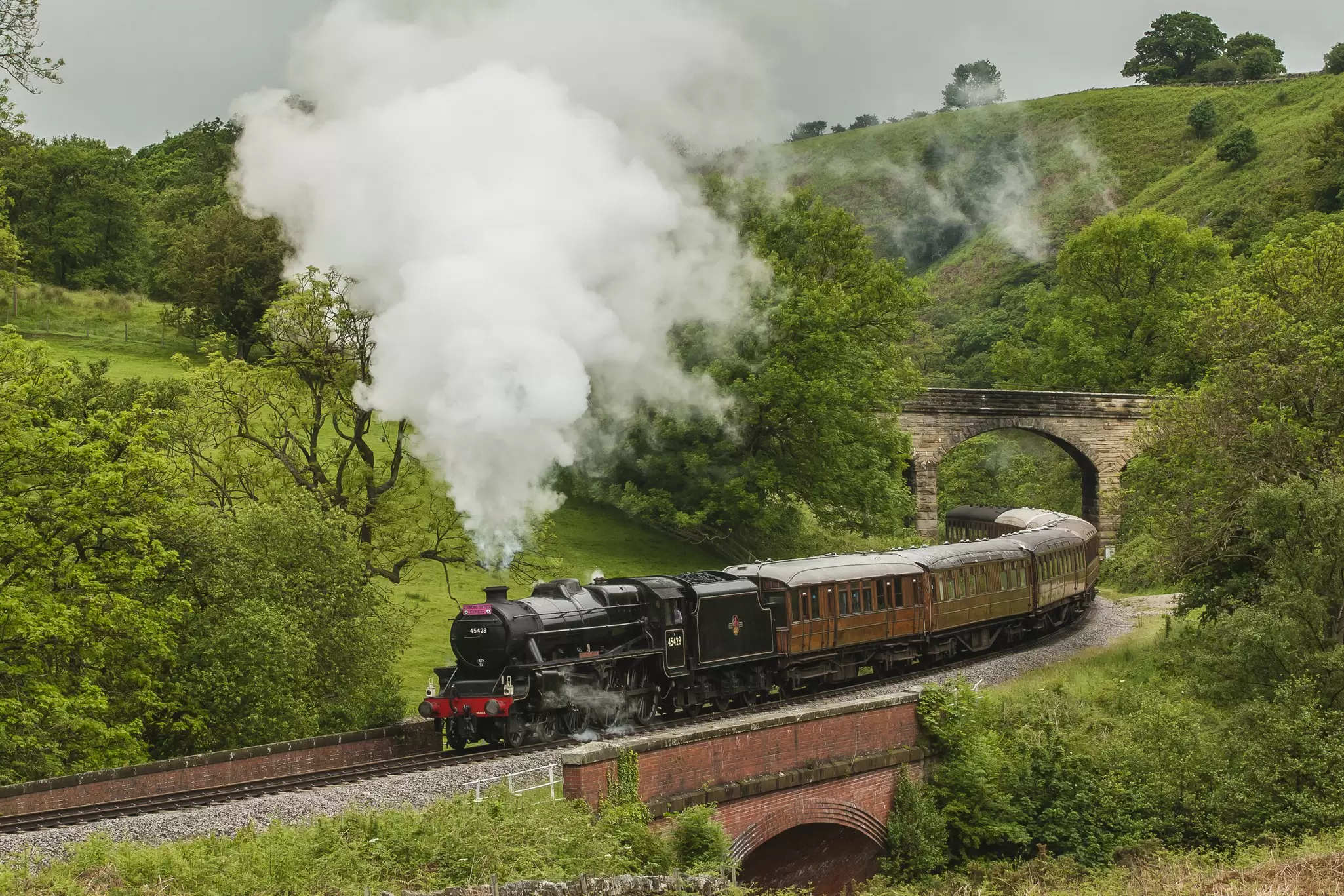 A Black 5 train on the North Yorkshire Moors Railway in Yorkshire, England.