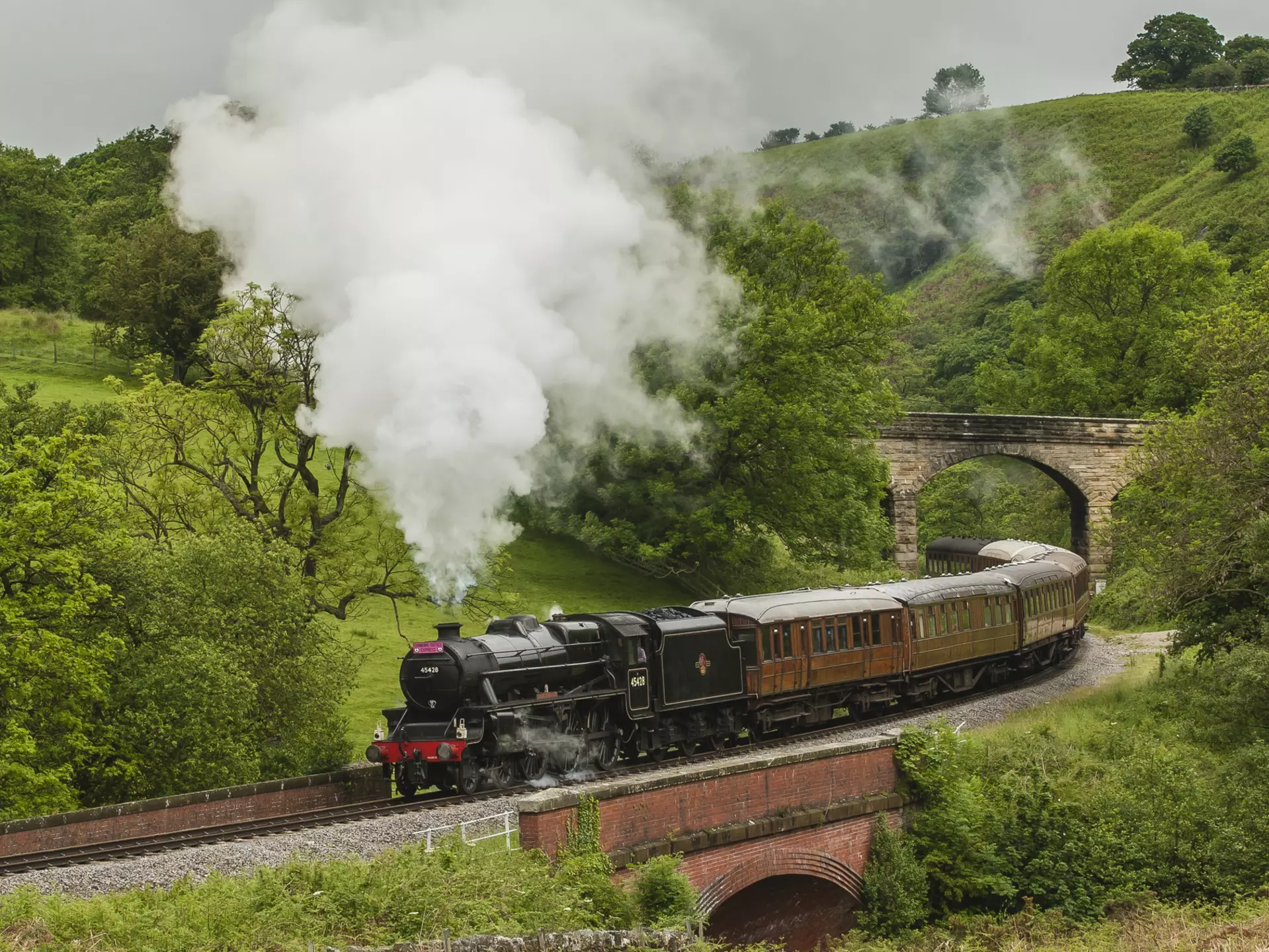 A Black 5 train on the North Yorkshire Moors Railway in Yorkshire, England.