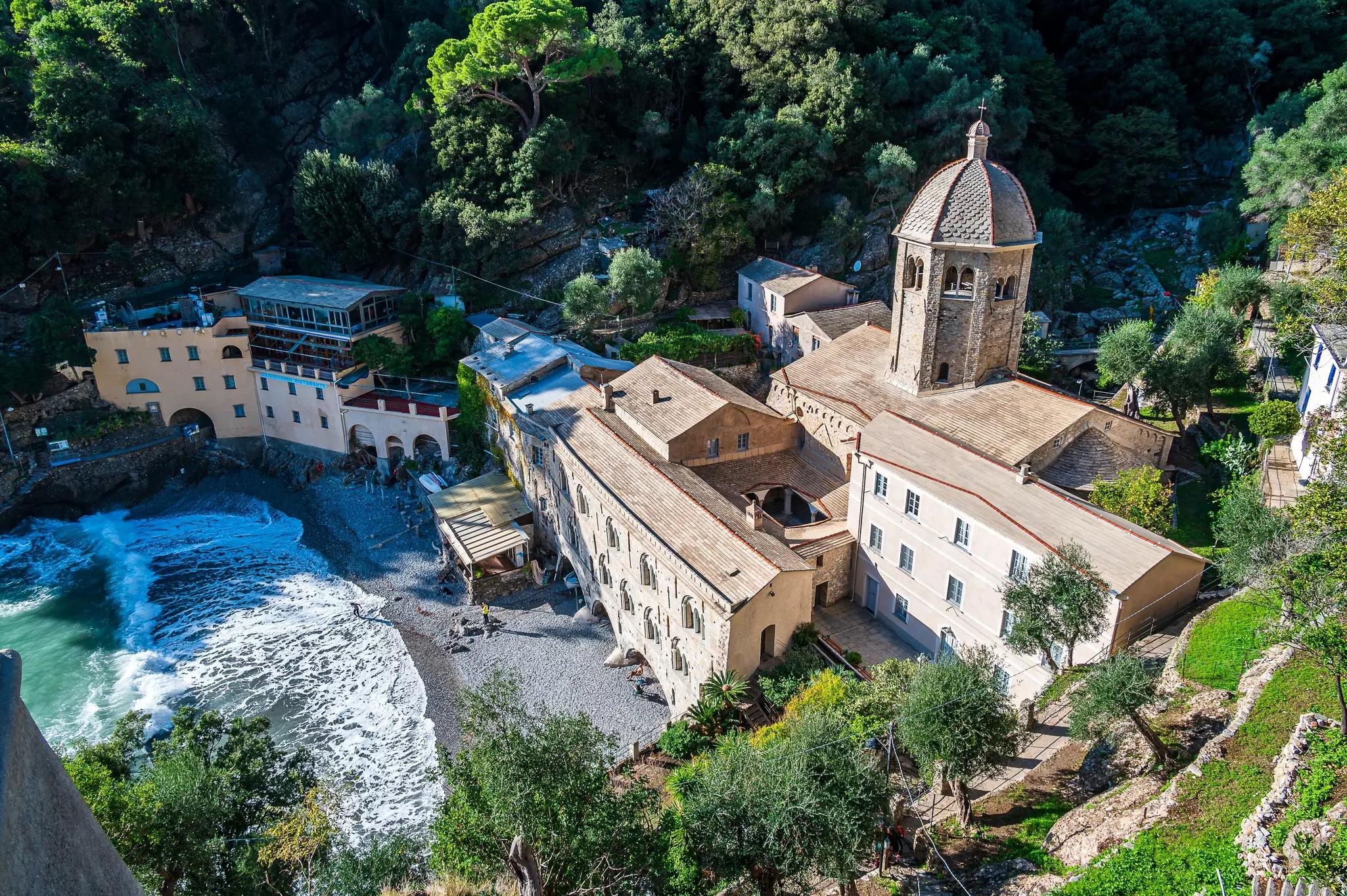A view of the small cove containing the Abbazia di San Fruttuoso, Liguria, Italy.